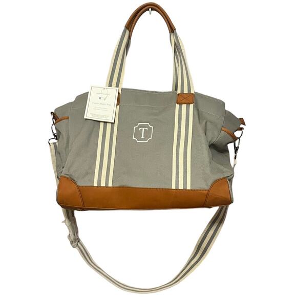 Pottery Barn Kids Handbags - NWT Pottery Barn Classic Diaper Bag Tote Canvas Leather Embroidered “T” Monogram